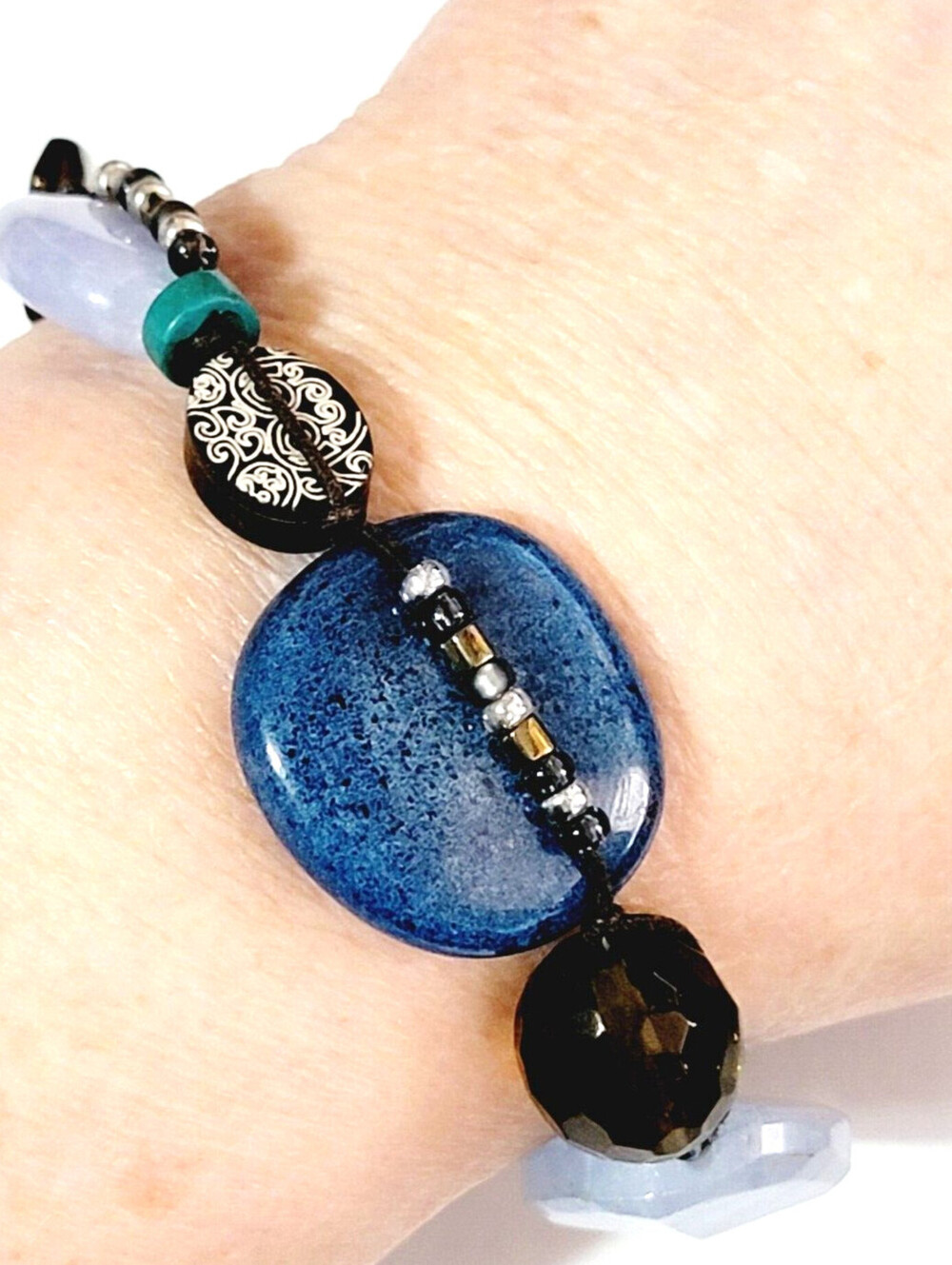 Blue Stone Beaded Bracelet, Adustable 8" 9" Boho Glass Jewelry Unique sbr-53
